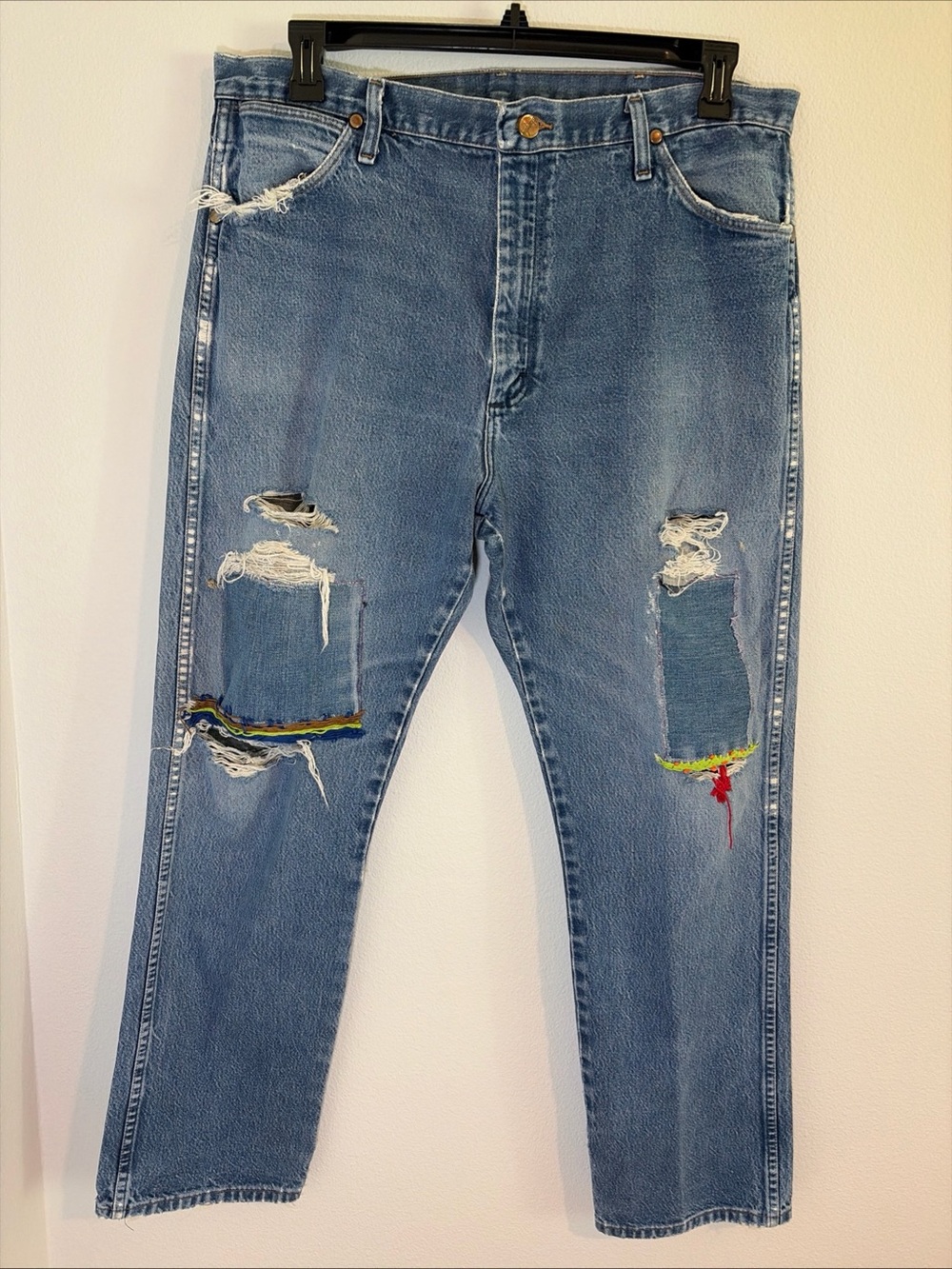 Custom Upcycled Wrangler Jeans 38x32 Distressed Sashiko Patchwork Boro Boho Rip